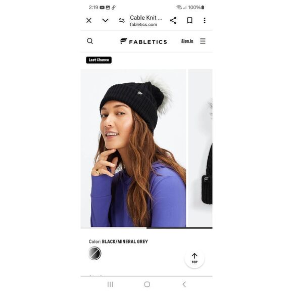 New Fabletics Black Mineral Grey Pom Beanie Hat  Cable Knit Sweater Hat NWT - Picture 1 of 4